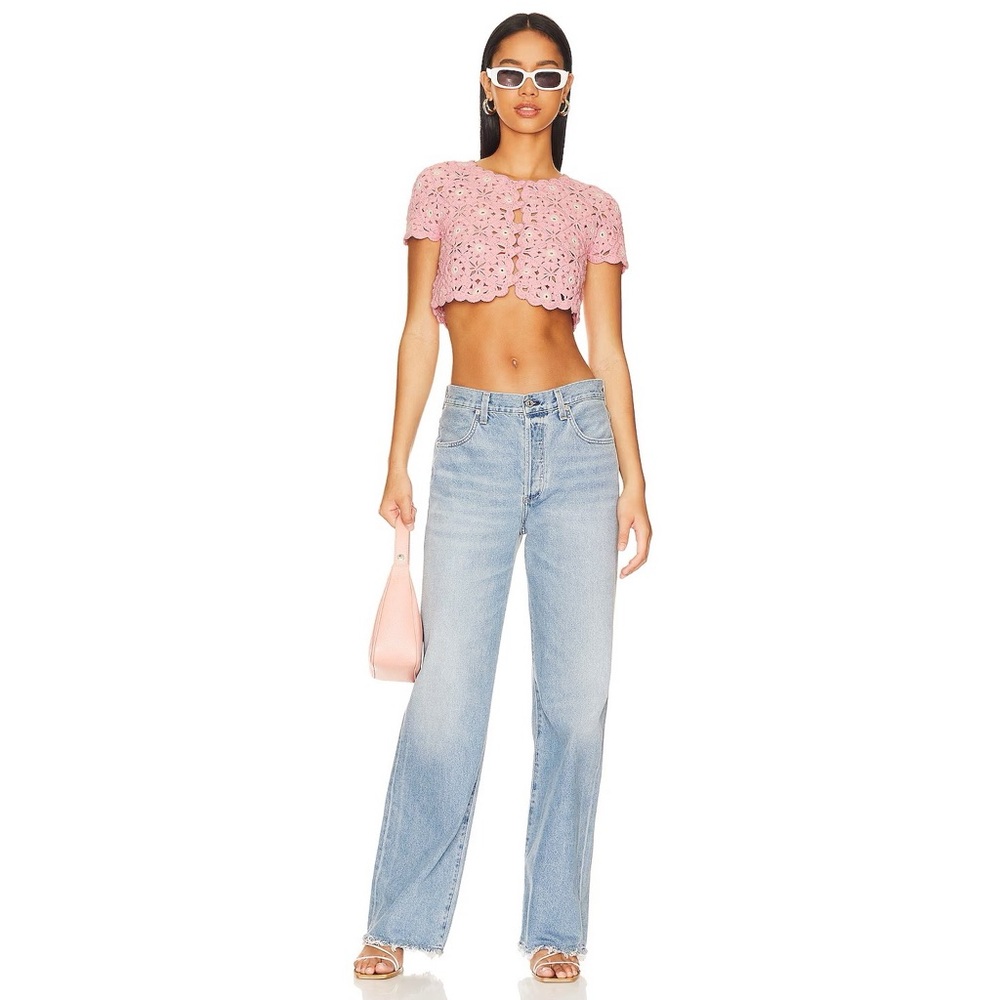 NWOT Lovers & Friends Delilah Wildflower Crochet Cardi Knit Crop in Light Pink - Picture 4 of 8